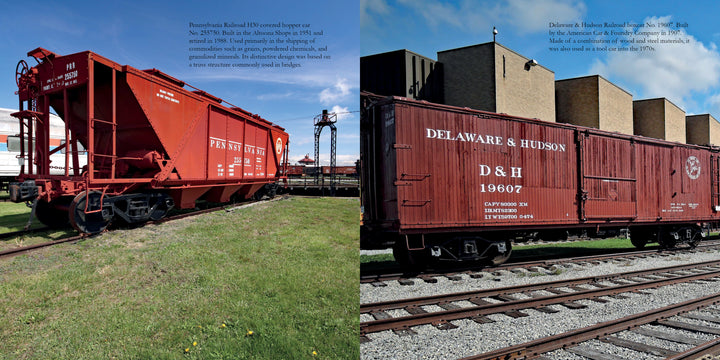 A split image from "The Railroad Museum of Pennsylvania in Pictures" by Schiffer Publishing, Ltd. shows a red Pennsylvania Railroad hopper on grass and a brown Delaware & Hudson boxcar by buildings, both with classic white markings.