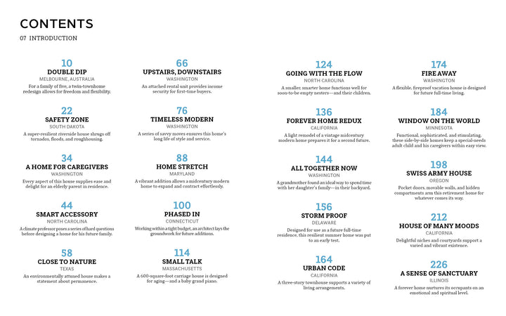 The Forever Home by Schiffer Publishing, Ltd. features a table of contents listing adaptable home features and stories with titles, locations, and descriptions. Blue numbers mark page numbers; sections are in two columns on a white background.