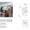 A modern open-plan living room with large windows and colorful furniture sits beside a floor plan diagram of The Forever Home by Schiffer Publishing, Ltd., highlighting its flexible design with numbered features and descriptions.