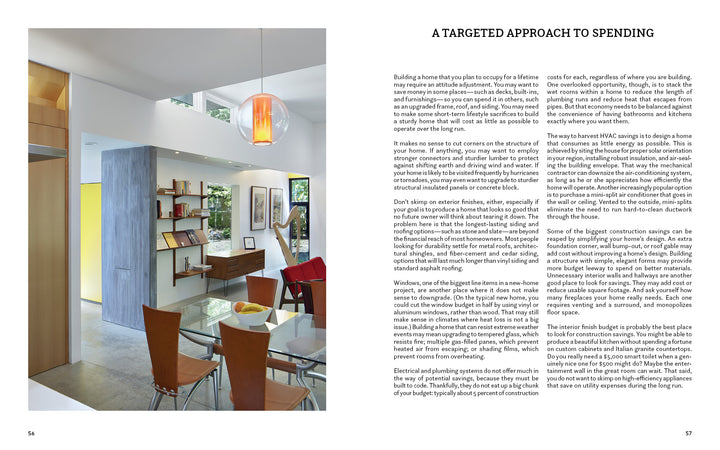 A modern, open-plan dining area in The Forever Home by Schiffer Publishing, Ltd. features a wooden table, four orange chairs, and built-in shelving. Large windows and glass doors fill the adaptable space with natural light.