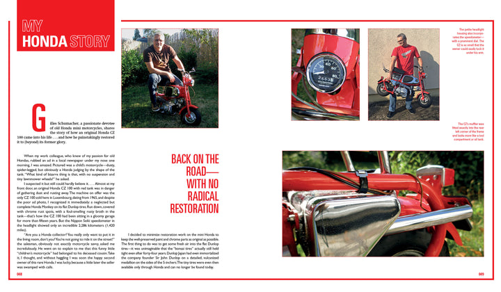A magazine spread showcases a man with a red Mini Honda motorcycle. Close-ups highlight the odometer, chrome exhaust, and Honda logo as he shares his experience restoring and riding this classic, featured by Schiffer Publishing, Ltd.