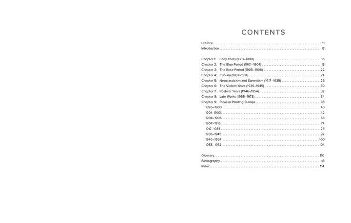 The table of contents for Postmarked Picasso by Schiffer Publishing, Ltd. lists sections—Preface, Introduction, chapters on Picasso’s paintings and stamp art, glossary, bibliography, and index—each paired with its page number.