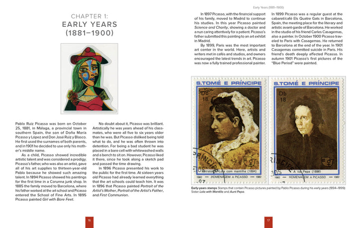 A book spread from Postmarked Picasso by Schiffer Publishing, Ltd. features a Picasso painting of a woman in a hat, text about his early years, and images of two stamps showing Picasso as a boy and young man.