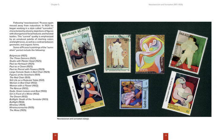 Postmarked Picasso by Schiffer Publishing, Ltd. is a book page featuring beautiful Picasso artwork on postage stamps.