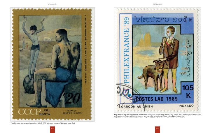Postmarked Picasso by Schiffer Publishing, Ltd. features stamps like a 1971 USSR stamp of a man and child by a lake, and a 1989 Laos stamp of a boy with a dog in blue, both depicting Picasso paintings.