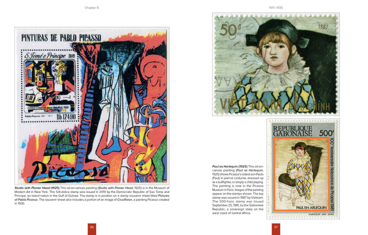 Postmarked Picasso by Schiffer Publishing, Ltd. features a collage of three Picasso stamps, each displaying his famous paintings along with artwork titles and country names on postage stamps.