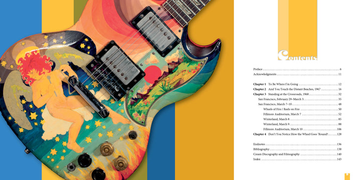 A close-up of an electric guitar with psychedelic art, inspired by Cream’s 1968 era, features on "Cream: Clapton, Bruce & Baker Sitting on Top of the World" from Schiffer Publishing, Ltd., set beside a contents page listing chapters and page numbers.