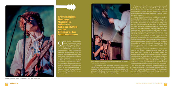 Blurred photo of musician Harvey Mandel playing guitar onstage at the Fillmore Auditorium, with text about his performance and a small inset image; from "Cream: Clapton, Bruce & Baker Sitting on Top of the World" by Schiffer Publishing, Ltd.