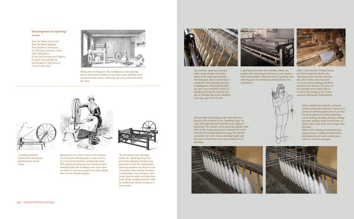A two-page spread in Norway's Knitted Heritage by Schiffer Publishing, Ltd. features text and images of historic spinning machines, with black-and-white illustrations, color photos, Nordic patterns, captions, and diagrams.