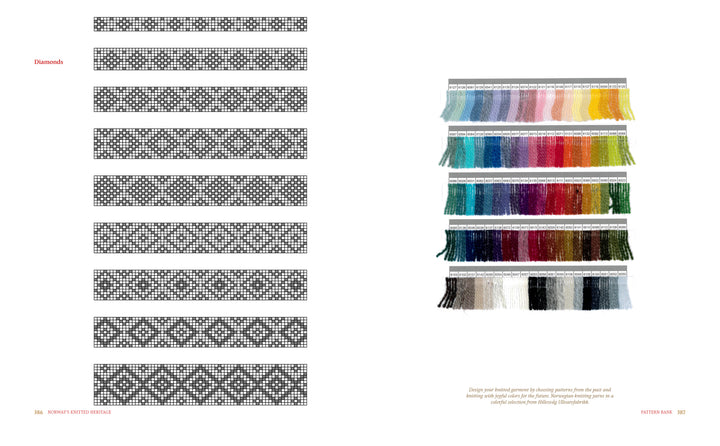 On the left, Norway's Knitted Heritage from Schiffer Publishing, Ltd. features six black-and-white geometric Nordic diamond patterns; on the right, six rows of colorful embroidery thread samples display various shades and textures.