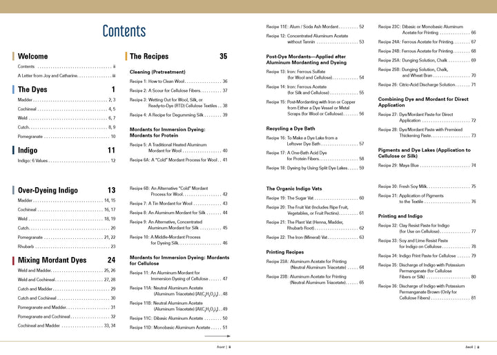 The Studio Formulas Set for The Art and Science of Natural Dyes by Schiffer Publishing, Ltd. features a detailed table of contents—ideal for organizing your own natural dye recipes or formula collection.