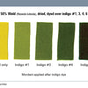 Five fabric swatches from Schiffer Publishing, Ltd.’s The Studio Formulas Set for The Art and Science of Natural Dyes show results of 50% weld dye over indigo, ranging from yellow (weld only) to green tones. Each swatch is labeled below for reference.