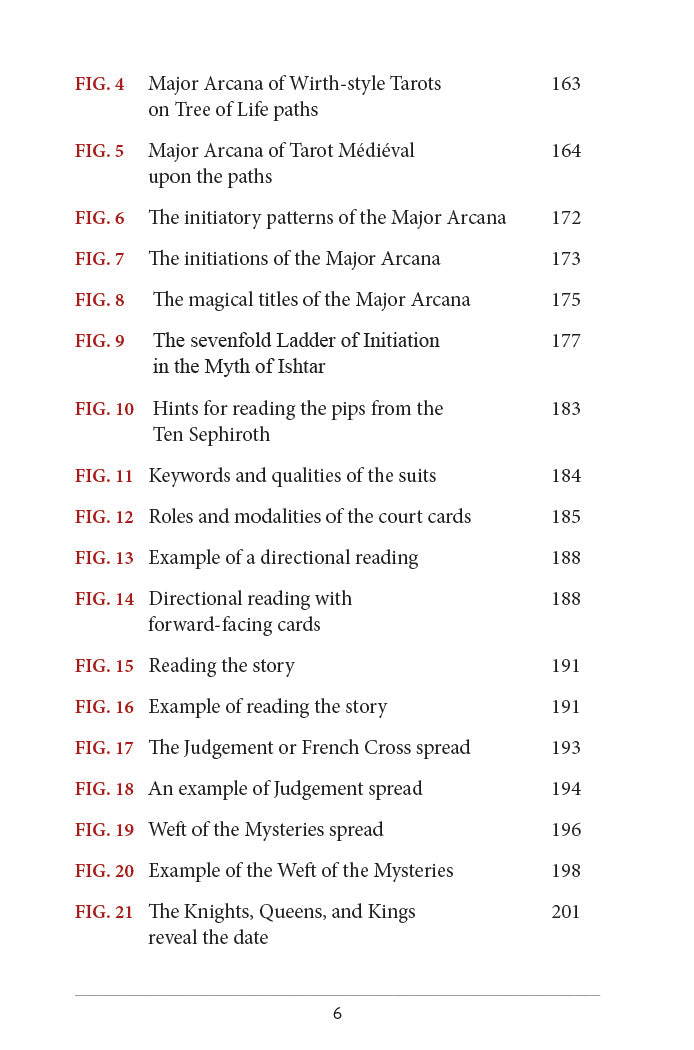 A table of figures from the book "Tarot Médiéval" by Schiffer Publishing, Ltd. lists figures 4–21 with titles like Major Arcana of Wirth-style Tarots and The Sephirotic Ladder of Initiation, plus page numbers—featuring insights on its restored tarot deck.