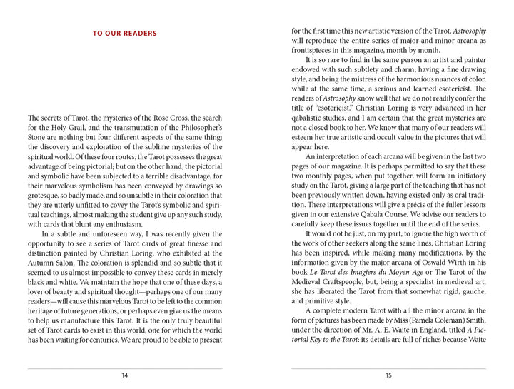 An open book titled TO OUR READERS discusses the Tarot, featuring Schiffer Publishing, Ltd.'s Tarot Médiéval deck and Caitlín Matthews' restoration work; the spread shows two text-only pages without images or graphics.
