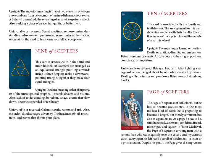 A spread from Tarot Médiéval by Schiffer Publishing, Ltd. displays the Ten, Nine, and Page of Scepters with restored card images and descriptive text outlining their upright and reversed meanings.