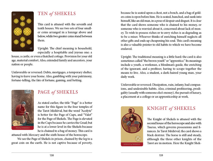 A two-page spread from Schiffer Publishing, Ltd.'s Tarot Médiéval shows the Ten, Page, and Knight of Shekels cards with illustrations and detailed upright/reversed meanings.