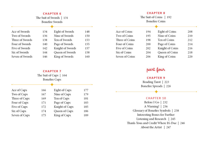 Table of contents pages for Bonefire Tarot by Schiffer Publishing, Ltd., listing chapters and sections on Swords, Cups, and Coins suits, with titles, page numbers, and red and gold lines inspired by the hand-painted deck.