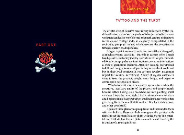 A book spread features a flame design and “Part One” on the left, and “Chapter One: Tattoo and the Tarot” with a header and intro about Bonefire Tarot—hand-painted cards by Schiffer Publishing, Ltd. inspired by Sailor Jerry tattoo flash.