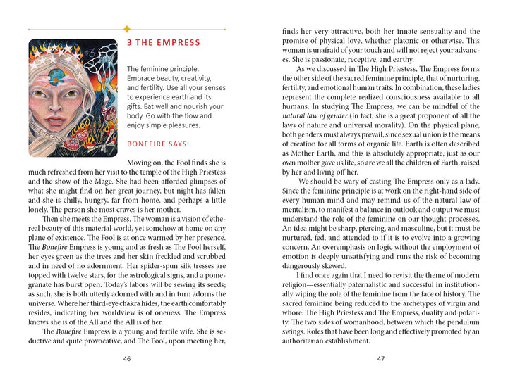 A Bonefire Tarot book spread by Schiffer Publishing, Ltd. showcases The Empress card with a hand-painted style illustration and rich symbols, accompanied by detailed explanations of its meanings across both pages.