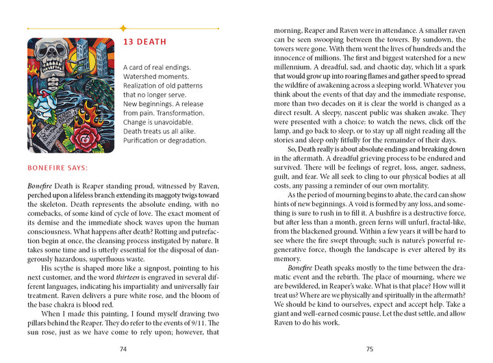The Bonefire Tarot by Schiffer Publishing, Ltd. features a 13 Death card with tattoo flash art—a skeleton in armor on horseback under a red sky—symbolizing endings, new beginnings, and transformation.