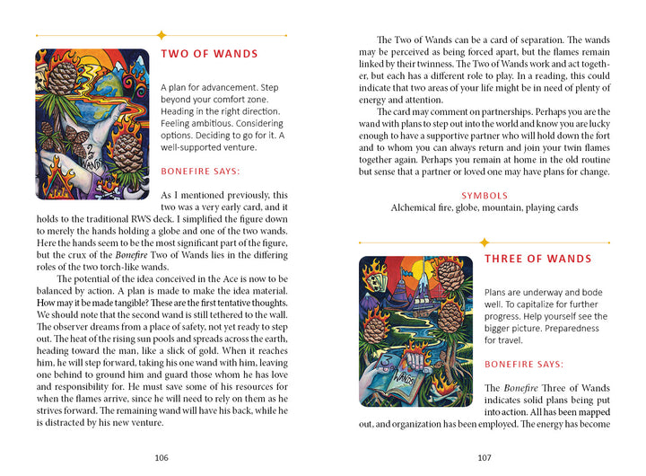 A two-page spread from Bonefire Tarot by Schiffer Publishing, Ltd. displays the hand-painted Two of Wands on the left and Three of Wands with its meaning on the right, both in vibrant, Sailor Jerry tattoo flash-inspired art.
