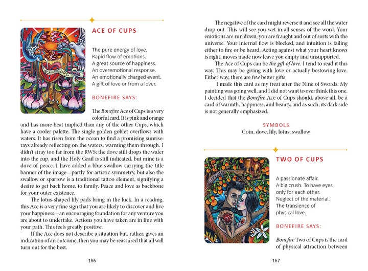 A Bonefire Tarot book spread from Schiffer Publishing, Ltd. displays hand-painted Ace of Cups and Two of Cups cards with vibrant imagery and explanatory text describing each card’s meanings.
