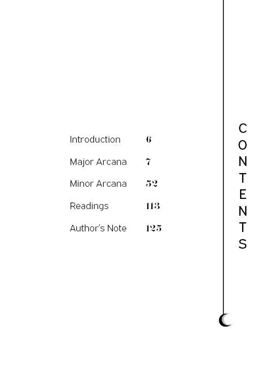 Table of contents page for the Nightfall Tarot by Schiffer Publishing, Ltd., a 78-card deck inspired by the Rider-Waite-Smith. "CONTENTS" is printed vertically at right with sections listed and a crescent moon at the bottom.