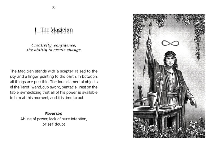 A black-and-white illustration of The Magician from the Nightfall Tarot by Schiffer Publishing, Ltd., shows one hand raising a wand, the other pointing down, with tools on the table and an infinity symbol above their head.