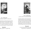 Two card explanations from the Nightfall Tarot by Schiffer Publishing, Ltd. are shown: “Ace of Wands,” with a sprouting wand, and “Two of Wands,” featuring a woman with a globe—both include upright and reversed meanings.