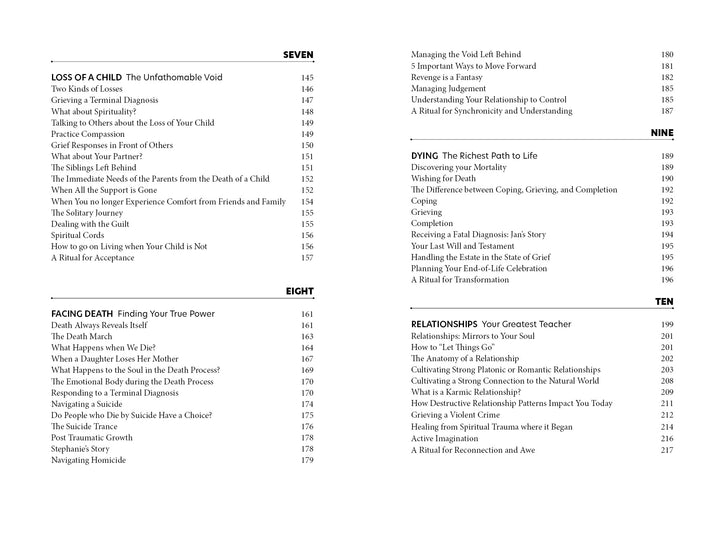 The table of contents for Transformative Grief by Schiffer Publishing, Ltd. lists chapters such as Loss of a Child, Facing Death, Dying, and Relationships—each covering grief and healing—with columns for SEVEN, EIGHT, NINE, and TEN topics and page numbers.