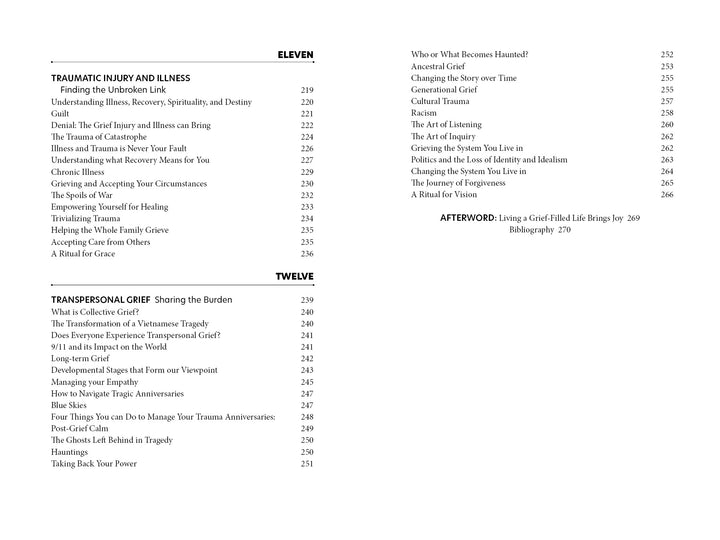 The table of contents in Transformative Grief (Schiffer Publishing, Ltd.) lists chapters eleven and twelve on trauma, transformative grief, acceptance, healing; also covers transpersonal grief themes and includes an afterword.