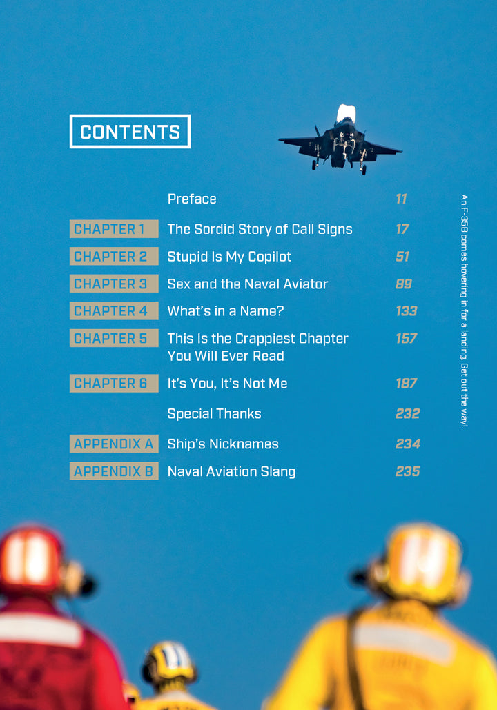 A jet soars in a blue sky above three naval aviators in red, yellow, and white vests. On the right, chapter titles and page numbers from "What's Your Call Sign?" by Schiffer Publishing, Ltd. are listed.