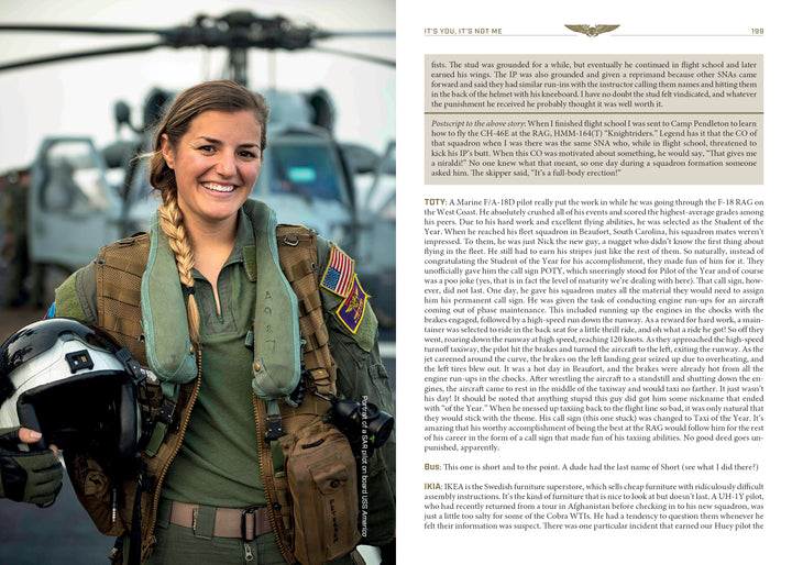 A smiling female naval aviator in a flight suit with a U.S. flag patch holds her helmet and gloves before a jet. Text inspired by Top Gun fills the right, highlighting Schiffer Publishing, Ltd.'s "What's Your Call Sign?.
