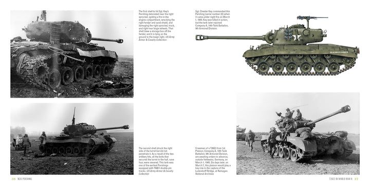 Schiffer Publishing, Ltd.’s "M26 Pershing" features four military history images: three black-and-white WWII photos of damaged tanks with soldiers in muddy fields, plus a color side-view illustration of an intact M26 Pershing on white.
