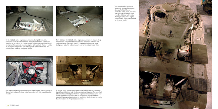 A Schiffer Publishing, Ltd. magazine layout showcases the M26 Pershing with detailed photos and descriptions of its interior and exterior engine compartments, highlighting features like fans, radiators, fuel tanks, and hatches from top and side angles.