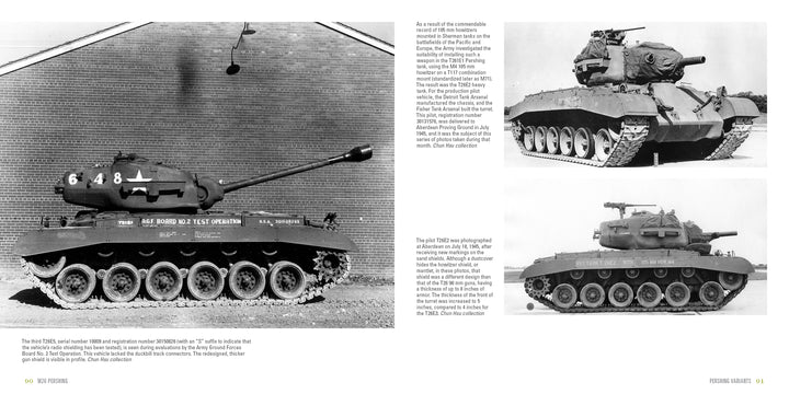 Three black and white photos from Schiffer Publishing, Ltd. show the M26 Pershing, an iconic WWII tank, in side and front angled views parked outdoors near buildings—capturing military history in detail.
