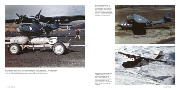 The PBY Catalina by Schiffer Publishing, Ltd. is shown parked on an airfield with star insignia, surrounded by equipment, and also depicted flying over snowy terrain and parked on a runway in top-down view.