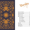 The Legend of Sleepy Hollow Tarot by Schiffer Publishing, Ltd. features an ornate card back with gold pumpkins, skulls, and suns on a dark background beside a table of contents page, inviting you to explore literary-inspired self-discovery.