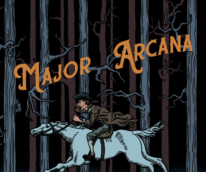 The Legend of Sleepy Hollow Tarot by Schiffer Publishing, Ltd. features a Major Arcana card: a colonial man rides a white horse through the forest, evoking self-discovery in this literary-inspired tarot deck.