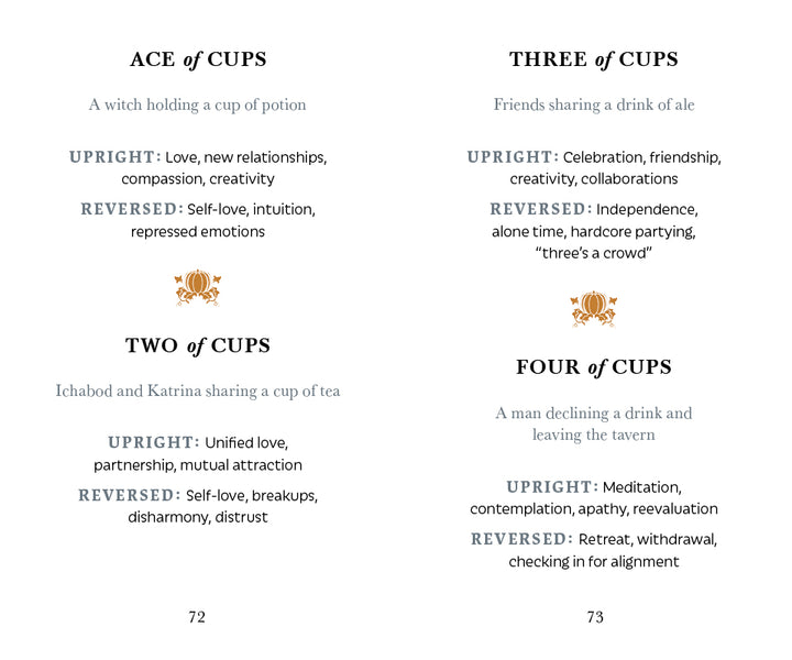 A page from The Legend of Sleepy Hollow Tarot by Schiffer Publishing, Ltd. features the Ace, Two, Three, and Four of Cups card meanings with upright and reversed keywords for self-discovery. Page numbers 72 and 73 appear at the bottom.