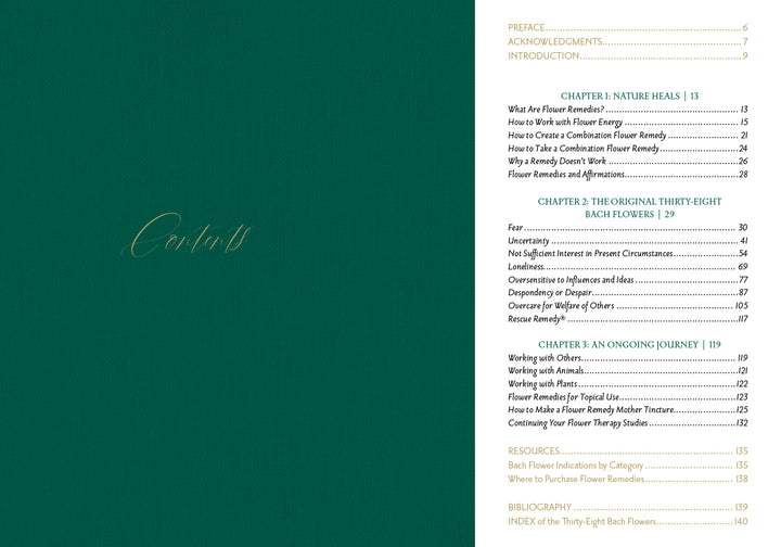 The Art of Flower Therapy by Schiffer Publishing, Ltd.: Table of contents spread—left page in green with gold "Contents" script; right page lists chapters and pages in black with gold accents on white, highlighting flower therapy topics.