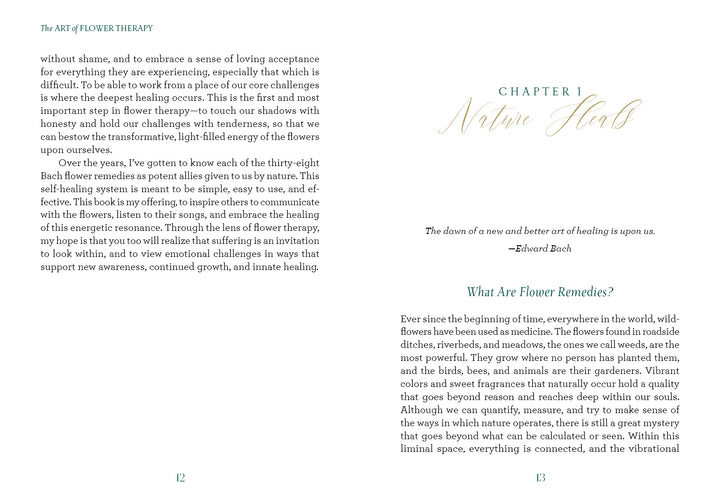 A two-page spread from "The Art of Flower Therapy" by Schiffer Publishing, Ltd.: the left page explores love, acceptance, and Bach flower remedies; the right introduces CHAPTER 1 Nature Heals with an Edward Bach quote and energy healing with flower remedies.