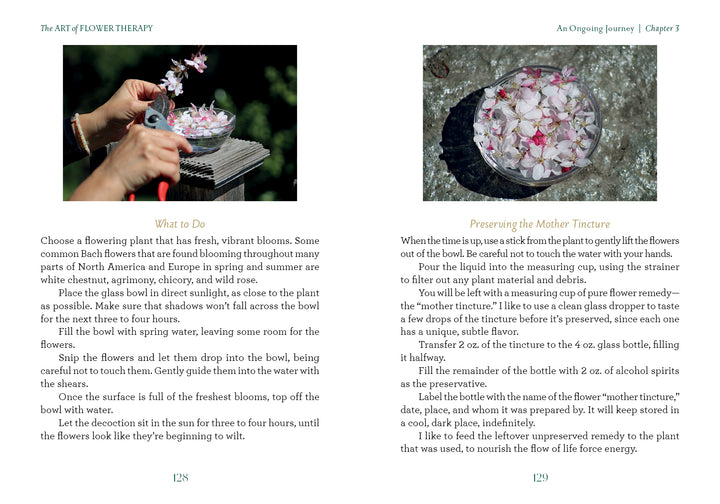 An open book, "The Art of Flower Therapy" by Schiffer Publishing, Ltd., shows step-by-step instructions with photos—hands placing pink flowers on a grater and a bowl of water with petals—demonstrating soothing flower therapy rituals.