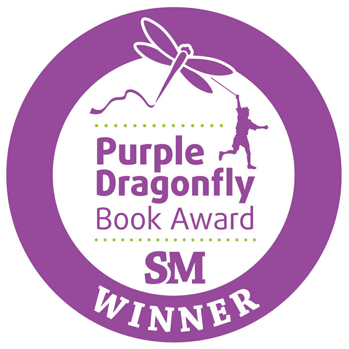 Purple circular badge with dragonfly and child silhouette above "Purple Dragonfly Book Award SM WINNER"; ideal for "SOAR" by Schiffer Publishing, Ltd., an inspiring children's picture book about overcoming fear.