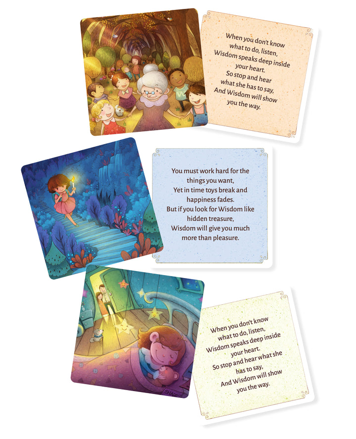 Wisdom for Wee Ones by Schiffer Publishing, Ltd. features five illustrated cards for children—two with kids and elders in magical scenes, and three with poems about wisdom, effort, and guidance—all with vibrant, encouraging artwork.